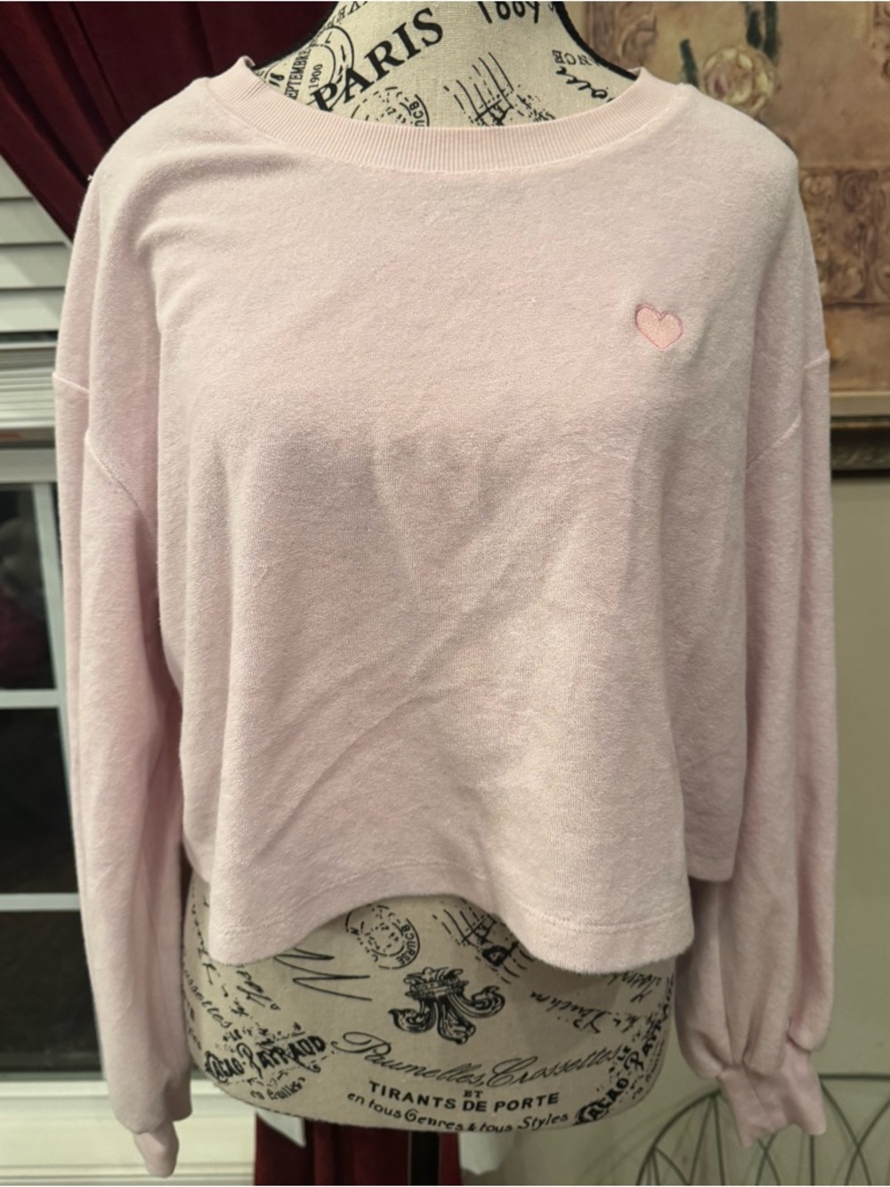 Pastel Pink Stoney Clover Lane Terry Cropped Long Sleeve Heart Top Soft Girl Lrg